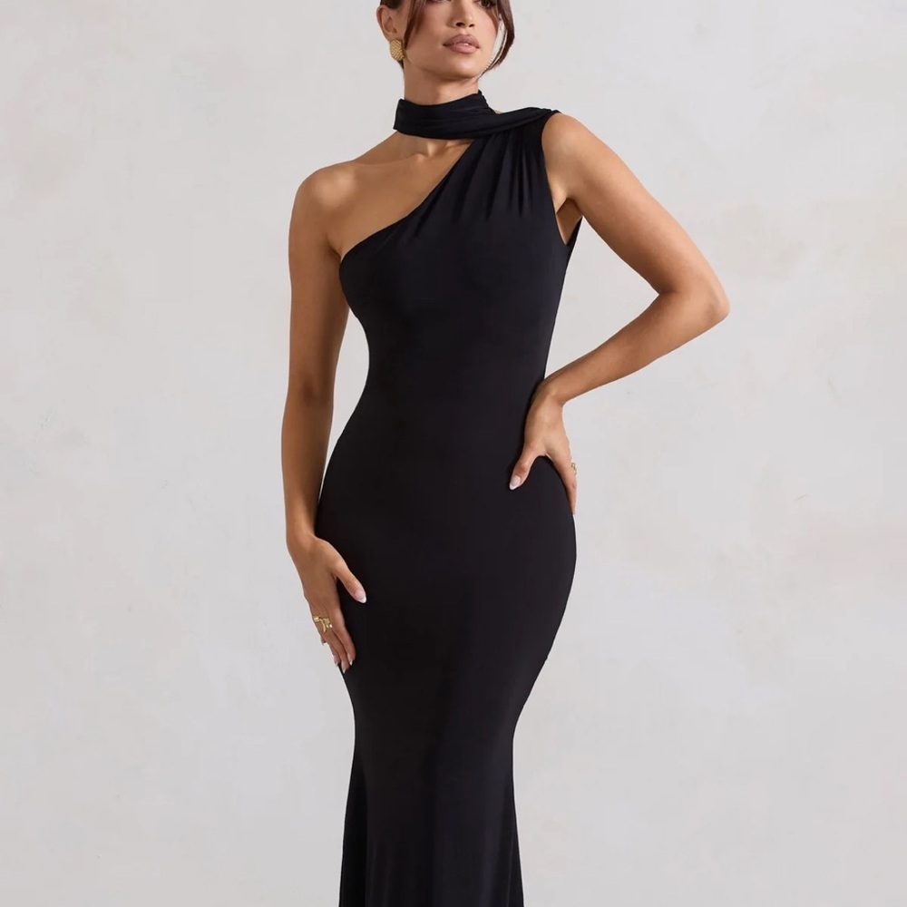 CLUB LONDON Capucine Black one shoulder draped maxi dress